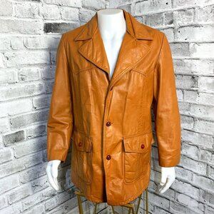 Vintage 70s Camel Leather Jacket Mid Length Retro Disco Hipster Coat